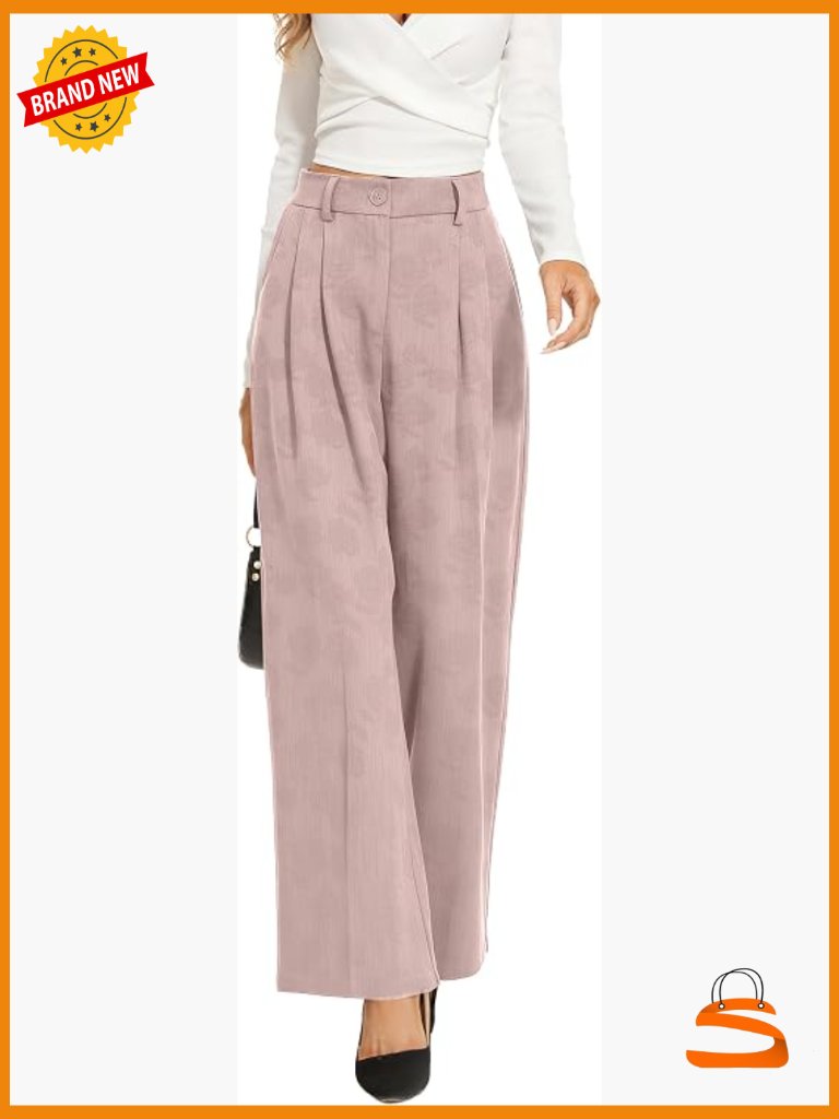 High Waisted Wide Leg Dress Pants, Stretchy Elastic Waistband, Office Work